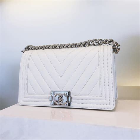 chanel white chevron boy bag|Chanel boy bag inside.